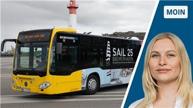 Zweigeteiltes Bild: links ein Bus, rechts eine junge Frau mit blonden Haaren (NZ-Reporterin Marie Petersen).