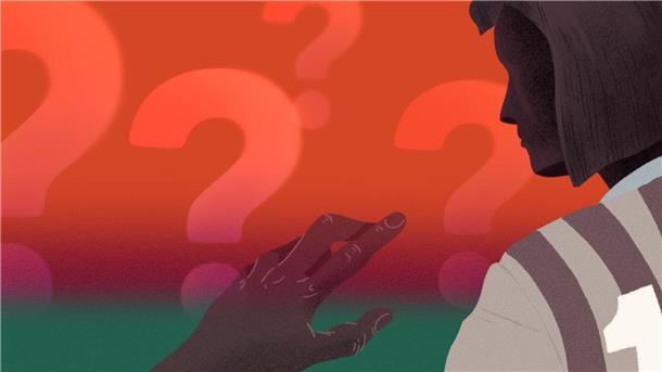 Illustration mit einer Hand, die sich einer Person im Trikot von hinten nähert.