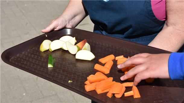 Gesundes für die Schüler: Obstdamen an der KGS Sittensen suchen Verstärkung Das Foto zeigt ein Tablett mit Resten von Äpfeln und Birnen.