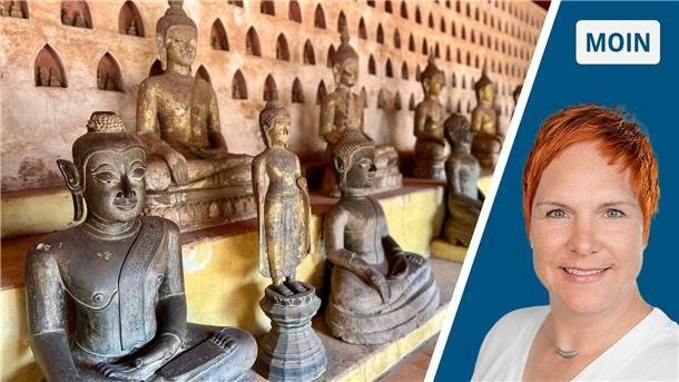 Von wegen Ruhe und Gelassenheit: Ärger über Buddhakopf bei Restpostenmarkt Zweigeteiltes Bild Buddha-Stauen links, eine rothaarige Frau rechts.
