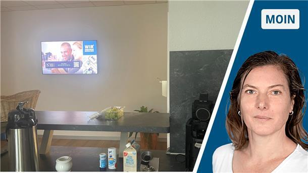 Werbung in eigener Sache ohne das richtige Publikum Zweigeteiltes Bild: Links ein Flachbildschirm in einer Küche, rechts ein Porträt einer Frau