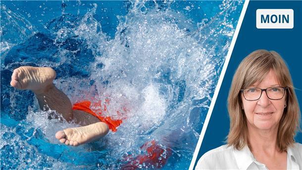 Füße, die aus dem Wasser ragen und das Porträt einer Frau mit Brille.