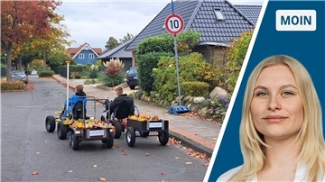 Zweigeteiltes Bild: Links zwei Jungs auf Gokarts, rechts junge Frau mit blonden Haaren.