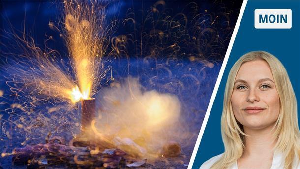 Zweigeteiltes Bild: Links ein Silvesterknaller, dessen Lunte gerade herunterbrennt; rechts junge Frau mit blonden Haaren, die ein weißes Oberteil trägt.