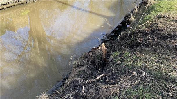 Nach dem Entfernen der umgeknickten Bäume ist die Uferböschung am Fleth in Sandstedt beschädigt. 