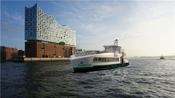 Hamburg bekommt Wasserstoff-Hafenfähren Noch Visualisierung, voraussichtlich ab 2022 Wirklichkeit: Die geplante Wasserstofffähre der Hadag auf der Elbe vor der Elbphilharmonie.