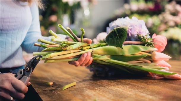 Floristik im Kreis Rotenburg: 80 Profis im Blumenstress! Eine Floristin beim Beschneiden von Blumen.