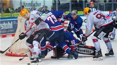 Pinguins im Zweikampf mit der Iserlohn Roosters.