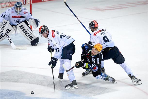 Vikingstad schießt die Pinguins in der Verlängerung zum Sieg Pinguins-Stürmer Skyler McKenzie (Mitte) wird von Ingolstadts Andrew Rowe (rechts) niedergestreckt.