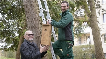 Zwei Männer befestigen gemeinsam einen Nistkasten an einem Baum. Einer steht auf einer Leiter und lächelt in die Kamera, der andere hält den Kasten fest. Im Hintergrund sind Bäume und ein Wohnhaus zu sehen.