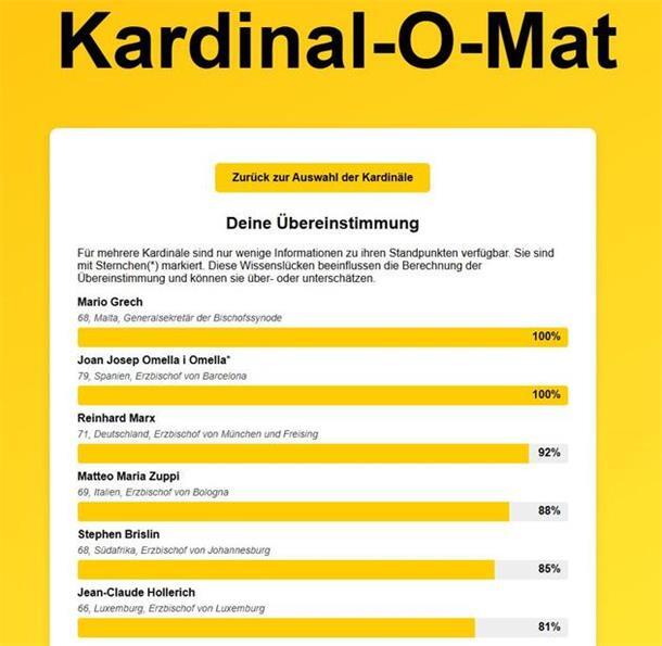 Ein Screenshot vom Ranking der Kardinäle nach der Abstimmung durch den NZ-Reporter. Es ist der Kardinal-O-Mat.