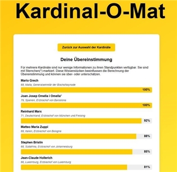 Ein Screenshot vom Ranking der Kardinäle nach der Abstimmung durch den NZ-Reporter. Es ist der Kardinal-O-Mat.