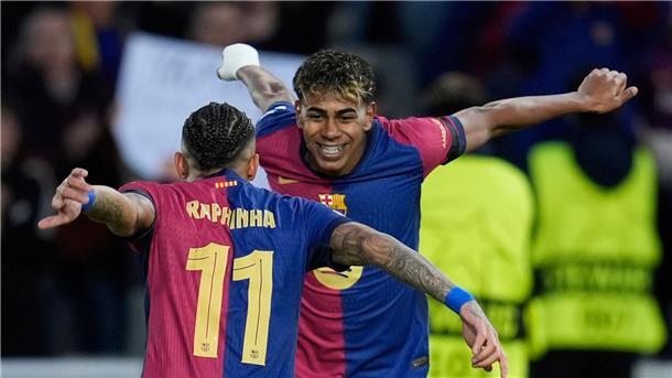 Flick und Barça souverän im Viertelfinale der Königsklasse Raphinha und Lamine Yamal (rechts) jubeln über das Führungstor für Barcelona