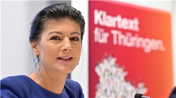 Sahra Wagenknecht (BSW) stellt eine Kampagne ihrer neuen Partei „Bündnis Sahra Wagenknecht“ für die Landtagswahl am 1. September in Thüringen vor.