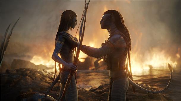 Bildgewaltiges Sequel: „Avatar 2 - The Way of Water“ Sam Worthington als Jake Sully und Zoe Saldana als Neytiri in einer Szene des Films „Avatar 2: The Way Of Water“.