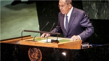Sergej Lawrow spricht bei der UN-Generalversammlung.