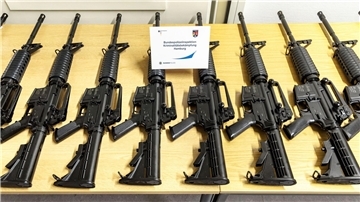 Sichergestellte Schusswaffen aus dem Diebstahl werden in Hamburg präsentiert.
