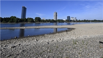 Ein Schiff fährt auf dem Rhein vor dem "Langen Eugen".