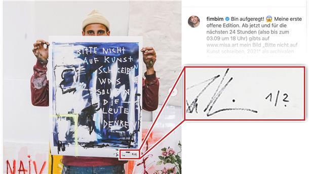 Ein Fünstler mit seinem Kunstdruck.