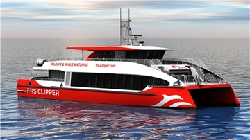 Die Illustration eines rot-weißen Hochgeschwindigkeitskatamarans für die Wal-Beobachtung. So soll das neue Schiff aussehen. Visualisierung des neuen Clipper-Katamarans, der ab 2025 zur Walbeobachtung vor Seattle eingesetzt wird.