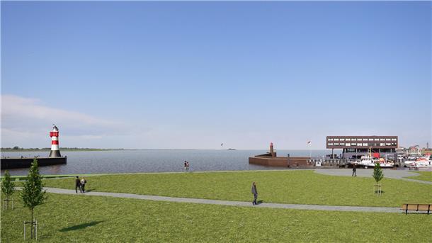 So stellte sich die Stadt Bremerhaven den neuen Standort für den Leuchtturm Roter Sand in ihrer Fotomontage vor - an der südlichen Geestemole.