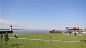 So stellte sich die Stadt Bremerhaven den neuen Standort für den Leuchtturm Roter Sand in ihrer Fotomontage vor - an der südlichen Geestemole.