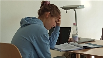 Frau liest an einem Schreibtisch. 