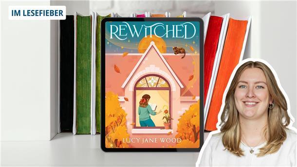 Bücher auf einem Bücherregal und das Cover des Buchs „Rewitched" von Lucy Jane Wood 