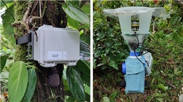 Soundrekorder (l) und automatische Lichtfalle zur Erfassung von Tierstimmen und Nachtinsekten.