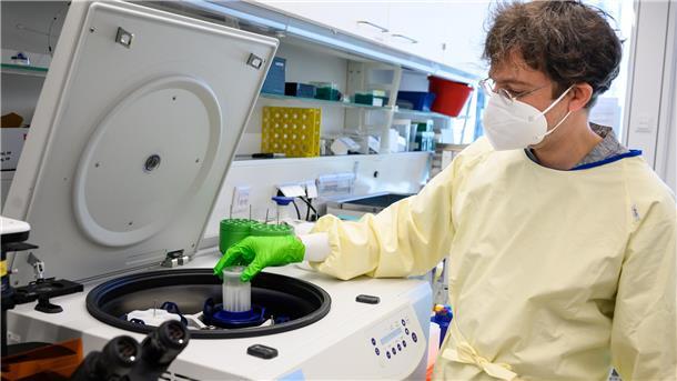 Forscher hebt eine Probe in ein Analysegerät