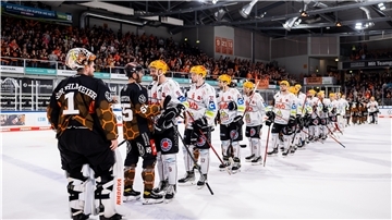 Spieler beim Shake Hands nach dem Spiel zwischen den Grizzlys Wolfsburg gegen die Pinguins Bremerhaven.
