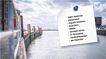 Kajen an der Geeste kurz vor der Einmündung in die Weser und ein To-Do-Zettel der Stadt für 2023. 