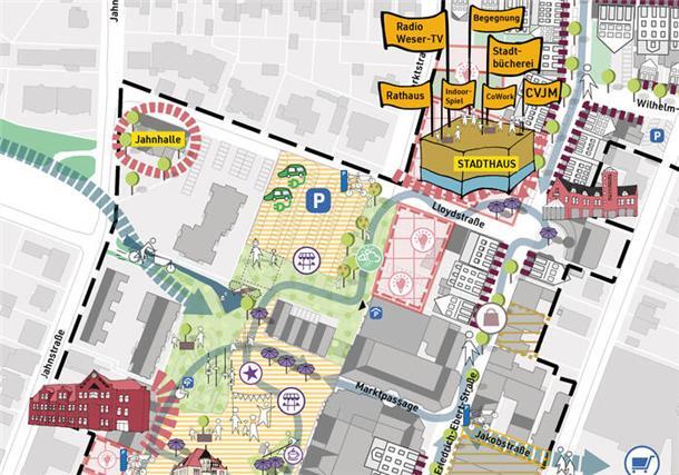 Stadthaus mit Bücherei und Indoor-Spielmöglichkeiten, Jahnplatz mit Ladestationen für E-Autos und Marktplatz mit viel Grün und Spielgeräten: Diese und viele weitere Ideen gibt es für die Innenstadt.