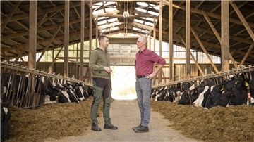 Das Foto zeigt Sven Kück mit seinem Vater Wolfgang im Boxenlaufstall. 