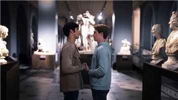 Taylor Zakhar Perez (l) als Alex Claremont-Diaz und Nicholas Galitzine als Prince Henry im Film „Rot, weiß und königlich blau“.