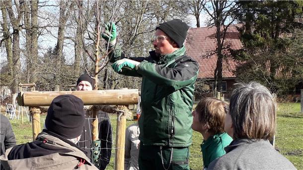 Torsten Brunkhorst zeigt den Teilnehmern direkt am Baum, worauf es beim Schnitt ankommt.