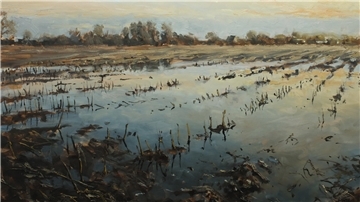 Ein Gemälde. „Überschwemmtes Feld III“ (Öl auf Leinwand): Die Gemälde von Mathias Meinel zeigen die besondere Stimmung norddeutscher Landschaften. Seine Ausstellung „Stille Wasser“ ist ab 7. September im Königin-Christinen-Haus in Zeven zu sehen.