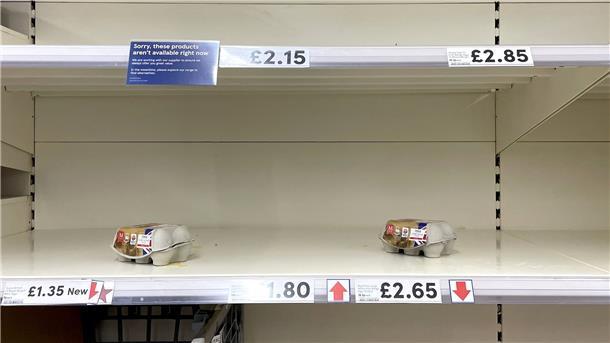 Übersichtliches Angebot im Eierregal einer Tesco-Filiale in Ashford. Tesco hat sich anderen Supermärkten angeschlossen und die Anzahl der Eierkartons, die Kunden kaufen können, begrenzt, da die Auswirkungen der steigenden Kosten und der Vogelgrippe weiterhin ihren Tribut fordern.