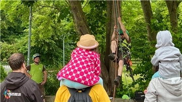 Ein Mann klettert in einen Baum, Kinder und Erwachsene schauen ihm dabei zu.