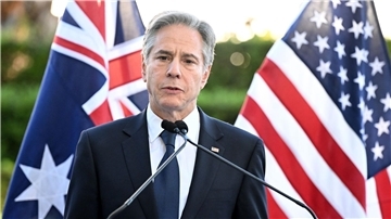 US-Außenminister Antony Blinken während einer Pressekonferenz nach den AUSMIN-Gesprächen im Government House in Brisbane.