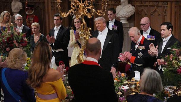US-Präsident Donald Trump, der britische König Charles, Kate, Prinzessin von Wales, US-Außenminister Marco Rubio und Gäste nehmen am ersten Tag des zweiten Staatsbesuchs von US-Präsident Trump im Vereinigten Königreich am Staatsbankett in Schloss Windsor teil.