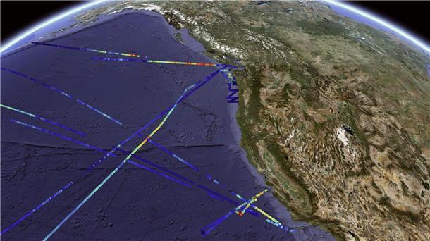 Klimakrise: Wohl häufigstem Organismus droht Extrem-Schwund Verteilung der Phytoplankton-Biomasse, gemessen mit SeaFlow-Zytometrie vor der Küste Kaliforniens. Die farbcodierten Linien stellen die Biomassekonzentrationen dar, wobei wärmere Farben (rot-gelb) eine höhere Phytoplanktondichte und kühlere Farben (blau) eine geringere Konzentration anzeigen.