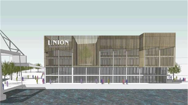 Viel Glas und eine helle Lamellen-Fassade: Die Erlebnis-Brauerei soll am Alten Hafen ein architektonisches Zeichen setzen. 