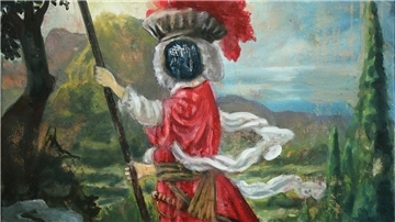 Wäre da nicht die verräterische schwarze Leerstelle, wo eigentlich das Gesicht sein sollte, das Bild von Nils Rüdiger in der Galerie Goethe45 könnte glatt als Barock-Gemälde durchgehen.