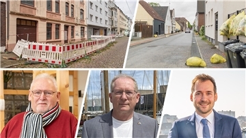 Geteiltes Bild: Blick auf den Stadtteil Goethequartier und drei Porträts von drei Politikern