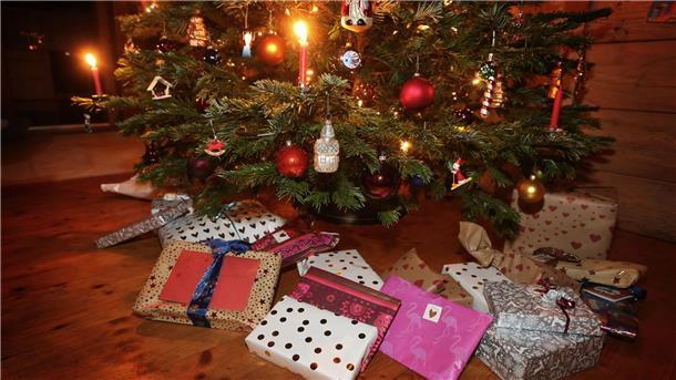 Esel, Engel, Tannenbaum: ein Weihnachts-ABC Weihnachtsgeschenke unter einem geschmückten Weihnachtsbaum.