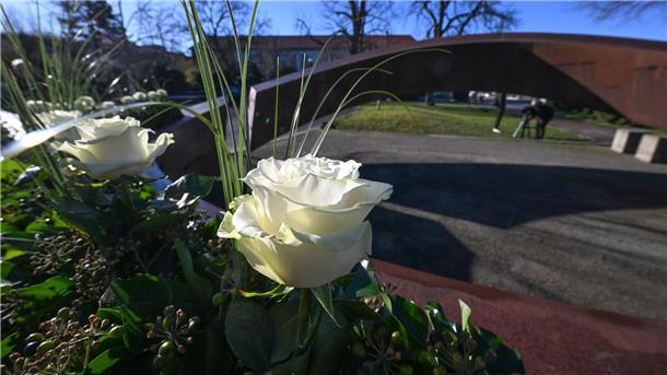 Weiße Rosen stehen an der Gedenkstätte „Gebrochener Ring“ einer Schule in Winnenden. Damit wird den 16 Toten des Amoklaufs gedacht.