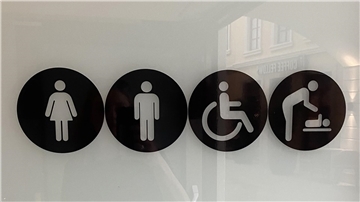 Zeichen an einer Toilettentür für Frauen, Männer, Behinderte und Wickelmöglichkeit für Babys