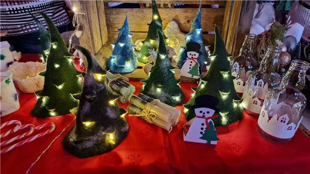 Wer noch etwas Besonderes für die Adventszeit suchte, kam bei der Ausstellung auf seine Kosten. Das gab es zum Beispiel kleine Tannenbäumchen aus Filz mit LED-Lichtern, die wie Kugeln wirken.