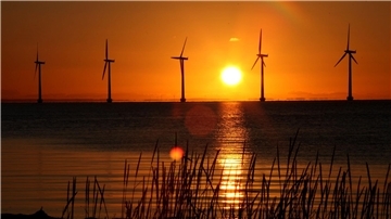 Die Sonne geht hinter Windrädern in Kopenhagen auf.